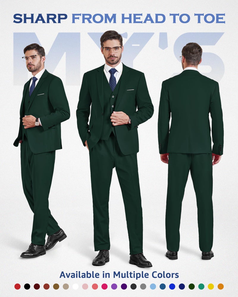 MYS MY'S Men's 3 Piece Suit Set with Tie, One Button Slim Fit Solid Jacket Vest Pants, Prom Party Wedding Business Suits for Men, Deep Green XX-Large - Image 2